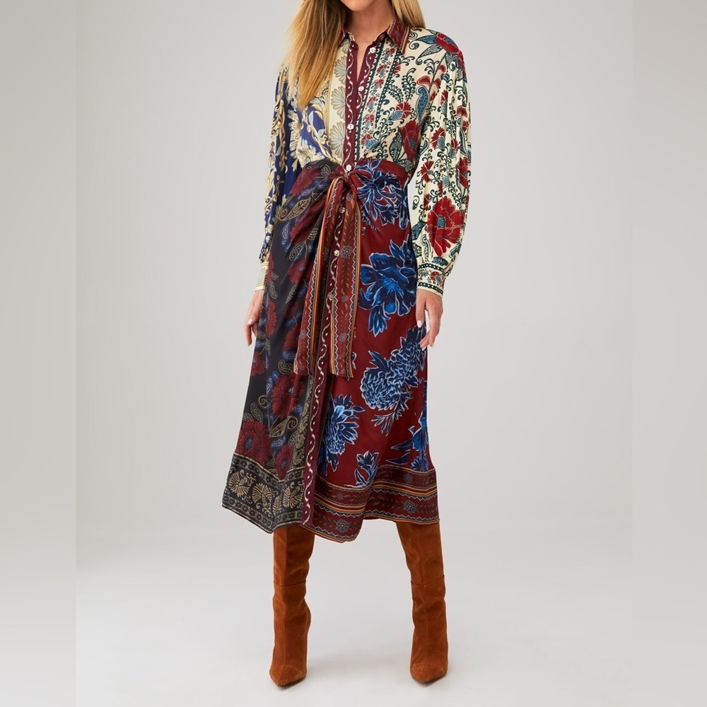 Farm Rio Miranda Mix Chemise Button Front Midi Dress Size S